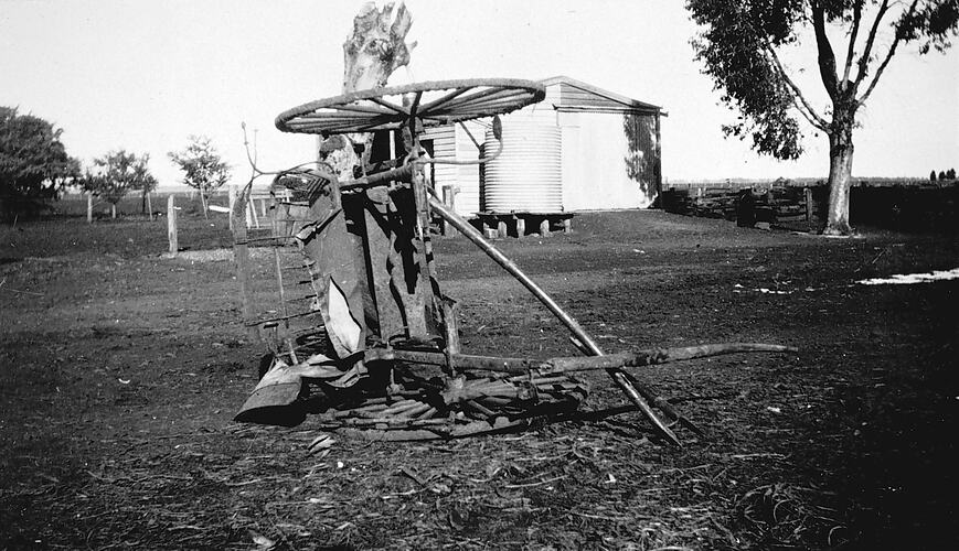 [A carriage overturned and broken after a horse bolted, Restdown, Mallee, 1930.]