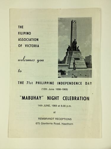 HT 57774, Program -  Philippine Independence Day Celebration, Filipino Association of Victoria, Hawthorn, 14 Jun 1969 (CULTURAL IDENTITY), Document, Registered