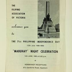 HT 57774, Program -  Philippine Independence Day Celebration, Filipino Association of Victoria, Hawthorn, 14 Jun 1969 (CULTURAL IDENTITY), Document, Registered