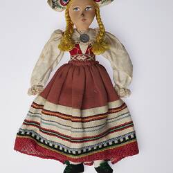 National Doll - Estonian Female with Woven Brown Skirt, Displaced Persons' Camp Craft, Germany, circa 1945-1951