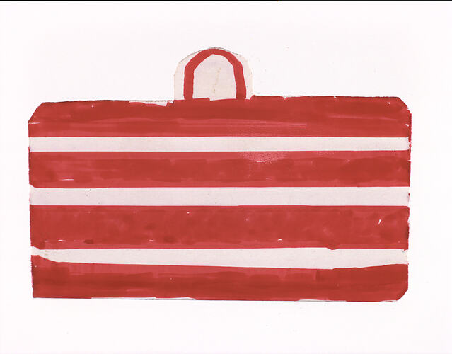 Two dimensional plastic coated cardboard briefcase with red and white stripes.