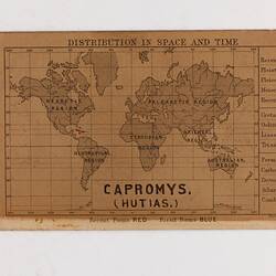 Retangular brown card with black and red text and map