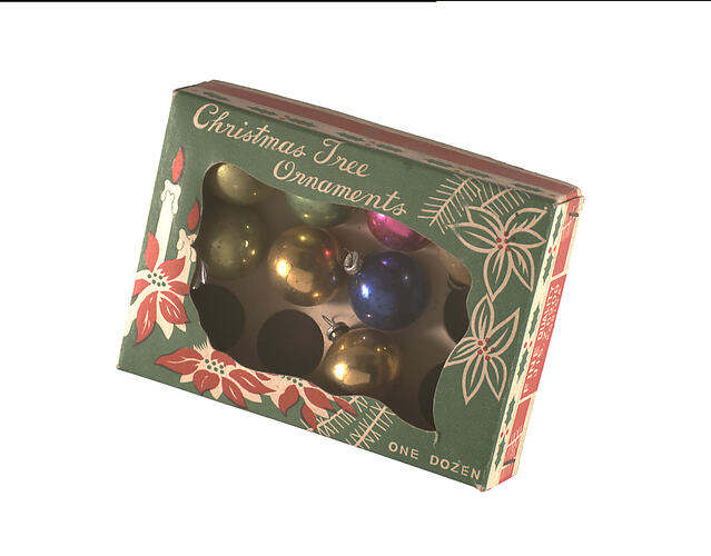 Christmas baubles in box.