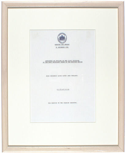 Framed Award - O.B.E. 1981