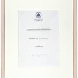 Certificate - Citation, Order of the British Empire, Civil Division, Prue Acton, Framed, 1981