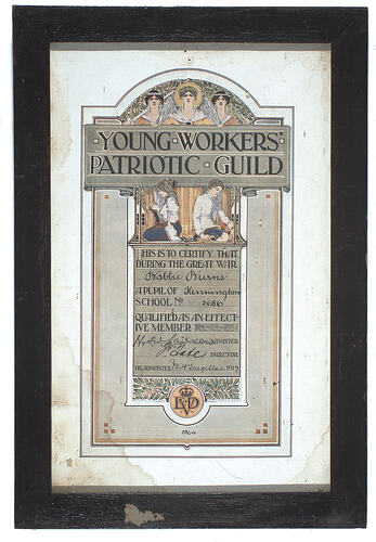Framed Certificate - Young Workers Patriotic Guild