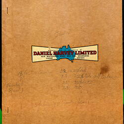 Brown cover with central blue Australia on yellow banner. Red text. Pencil handwriting on cover.