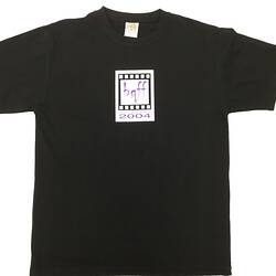 Black t-shirt with white square logo on front, laying flat.