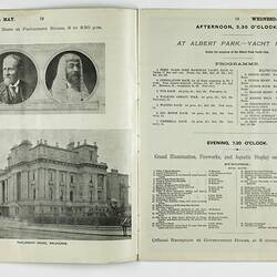 Printed double page of booklet,  in black and white with black and white photographs and illustrations.