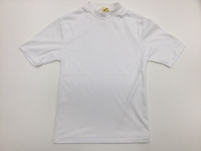 Plain white high crew-necked t-shirt.