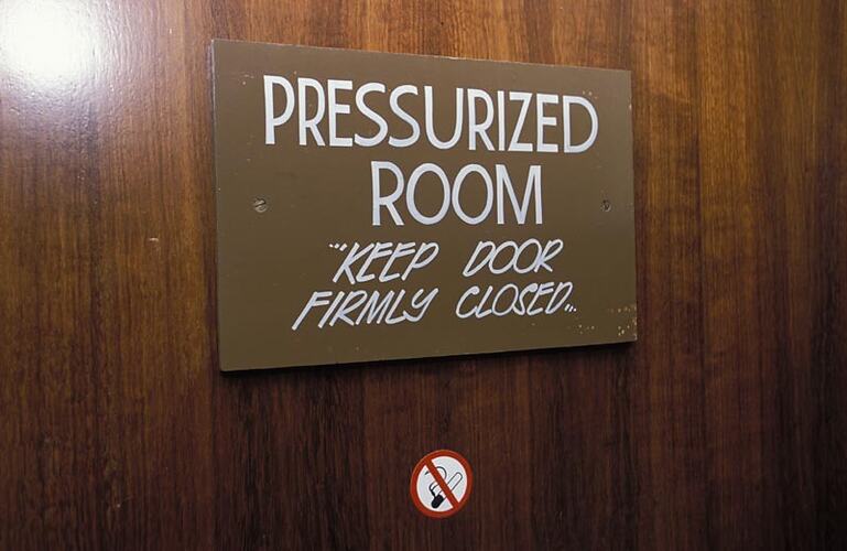 Warning notice "Pressurized Room" Melbourne Coastal Radio Station, Cape Schanck, Victoria