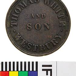 Mule Token - 1 Penny, Thomas White & Son, Grocers, Westbury, Tasmania, Australia, 1857