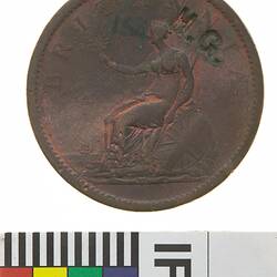 Surcharged Token - 'H.G.' on 1 Penny, Annand, Smith & Co, Melbourne, Victoria, Australia, 1849