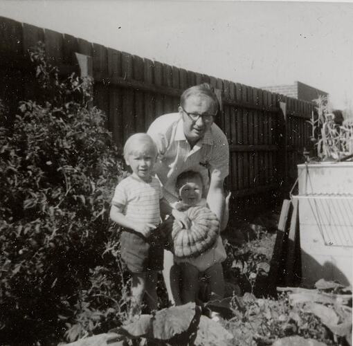 Digital Photograph - Man & Two Sons with 'Prize' Pumpkin in Vegetable Garden, Gladstone Park, 1972