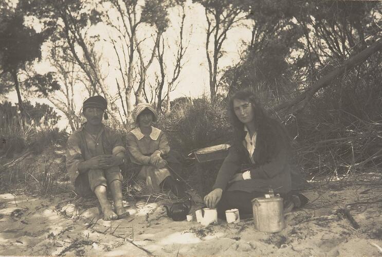 Digital Photograph - Girl making Tea on Campfire for Girl & Boy, Boat Harbour, Gippsland,  1919