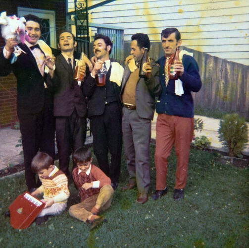 Digital Photograph - Groomsmen Preparing for Wedding with Beer & a Live Chicken, Backyard, Thomastown, 1971