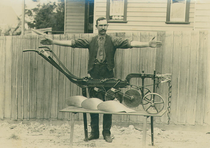 Photograph - Daniel Harvey, Agricultural Implement Manufacturer, With Three-Furrow Plough, circa 1920