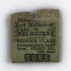 Ticket - Train, Port Melbourne to Melbourne, 'Defence Leave', Second Class, circa 1940-1945