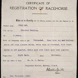 Certificate of Registration - Phar Lap, 03 Dec 1928