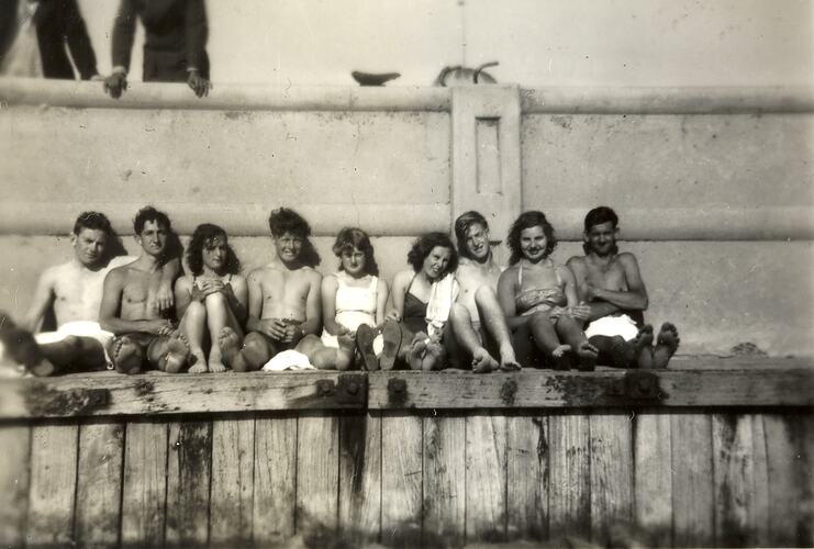 Four Girls & Five Boys Sitting on Pier, Port Melbourne, 1950