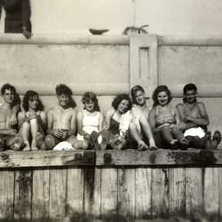 Four Girls & Five Boys Sitting on Pier, Port Melbourne, 1950