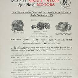 Specifications Leaflet - McColl Single Phase Electric Motors, 1934