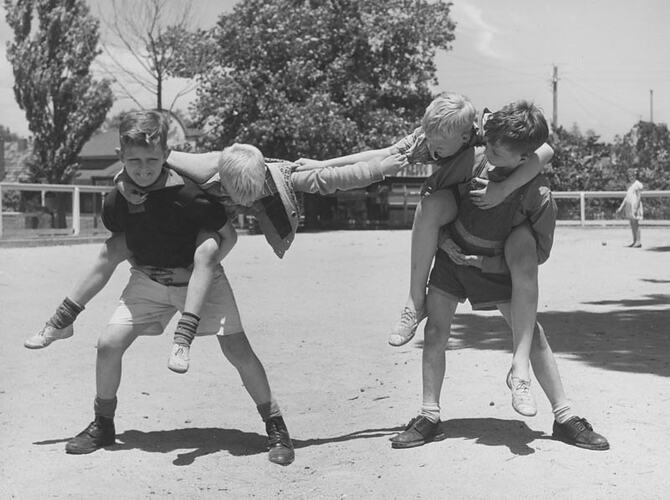 Photograph - Boys Playing 'Cock Fighting' Game, Dorothy Howard Tour, 1954-1955