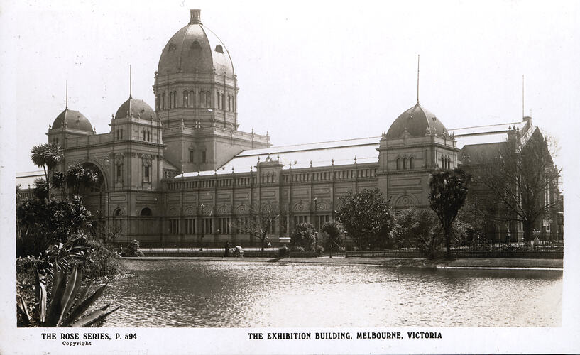 Postcard - Southern Facade, Exhibition Building, Rose Series, Melbourne, circa 1943
