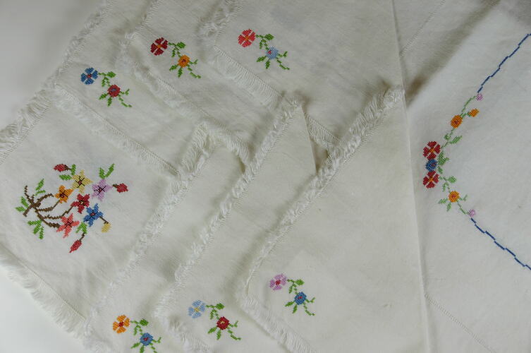 Supper Cloth and Serviettes - White with Cross Stitch Embroidery, circa 1940s