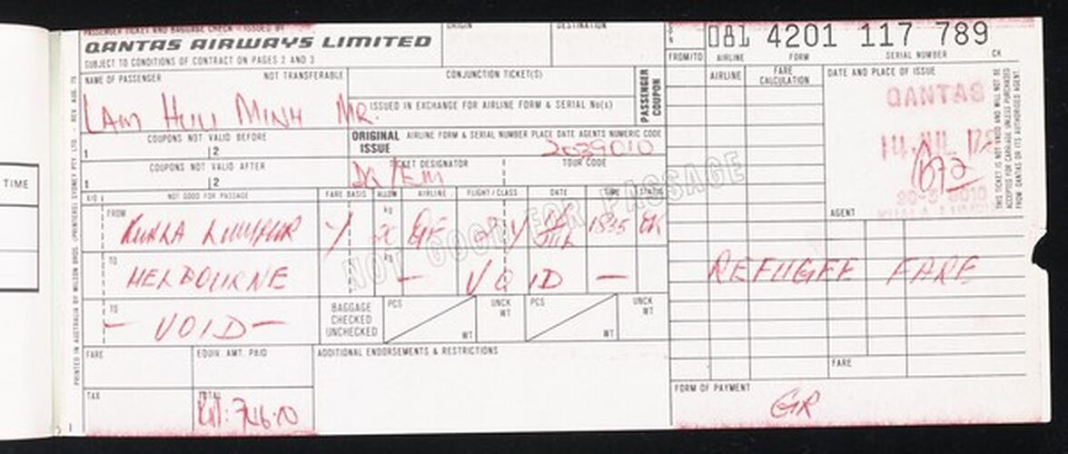 White rectangular card ticket with printed text and red handwriting.