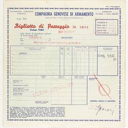 Ticket of Passage - Issued to Julia Szuecs, Compagnia Genovese Di Armamento, 1957