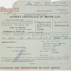 Owner's Certificate - Motor Car, Government of Victoria, Carlton, Victoria