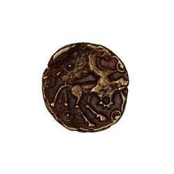 Coin, round, well formed horse with triple-tail left; floral ornament above star below border of rings.