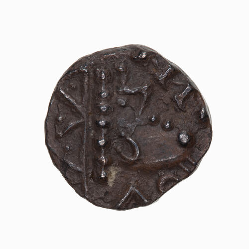 Coin, round, crowned head facing right; in front in rhunic letters (largely off the flan) APA.