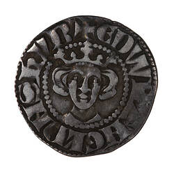 Coin, round, a crowned bust of the King facing; text around, + EDW R ANGL DNS HYB.