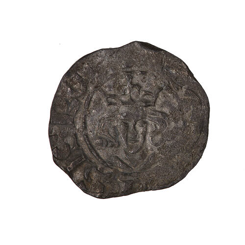Coin, round, a crowned bust of the King facing; legend around seems double struck as letters don't fit.