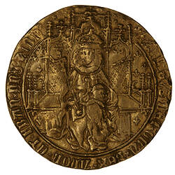 Coin, round, King on throne holding an orb and sceptre, the throne has a canopy and broad seat; text around.