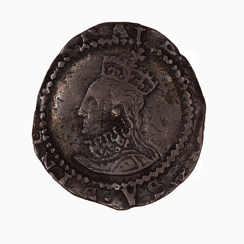 Coin, round, Crowned bust of the queen facing left in ruff and embroided dress; behind, 2 pellets; text around