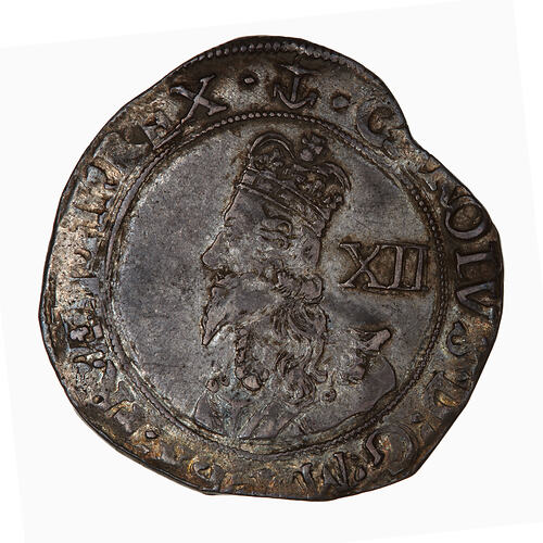Coin, round, Crowned bust of the King facing left wearing a lace collar and armour; text around.