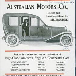 Descriptive Leaflet - Australian Motors Company, Motor Cars, circa 1912