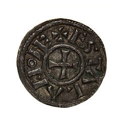 Coin, round, at the centre, within a line circle, a cross pattee; text around, + ESTALA MoNE  the NE.
