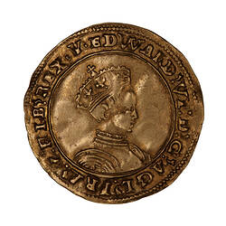 Coin, round, a crowned bust of the King facing right; text around.