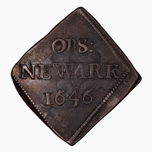 Coin, Diamond shape, Legend in three lines; OBS: / NEWARK / 1646; border of beads.