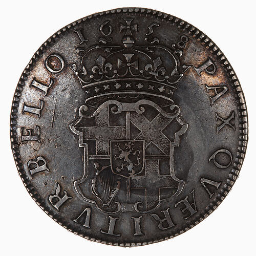 Pattern Coin, round, Crowned shield quartered with the cross of St George, St. Andrew and Irish harp.