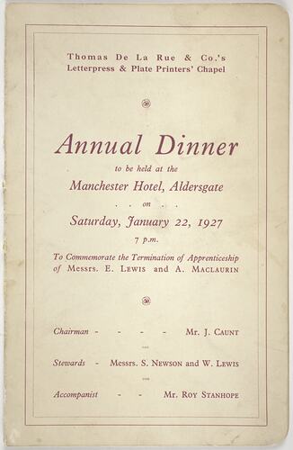 Souvenir Programme - Thomas De La Rue & Co., Annual Dinner, 1927