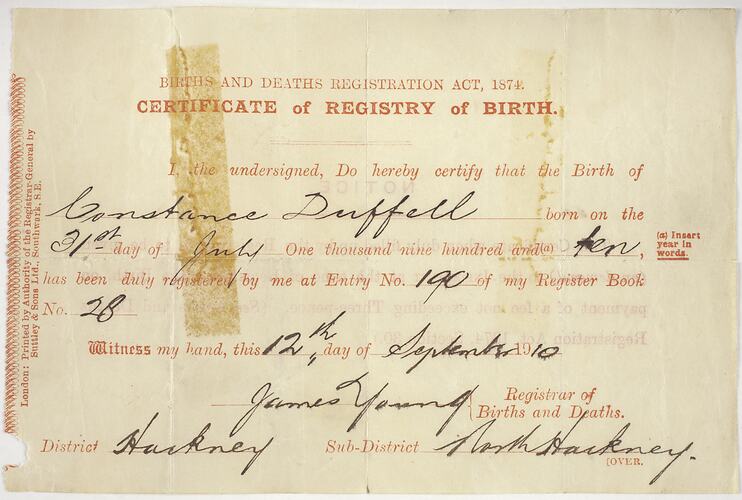 Birth Certificate - Constance Duffel, 31st July 1910