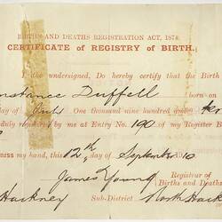 Certificate - Registry Of Birth, Constance Duffell, England, 12 Sep 1910
