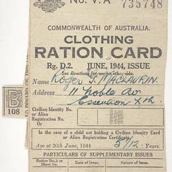 Ration Card - Clothing, Issued to Roger Maclaurin, Commonwealth of Australia, Jun 1944