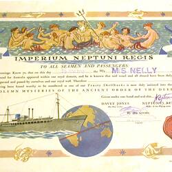 Certificate showing a boat and mermaids.