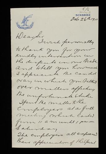 Letter, H. V. McKay to Prime Minister Andrew Fisher, 1911